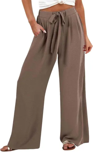 Women Wide Leg Linen Pants 2025 Tie Knot Summer High Waisted Palazzo Pants Flowy Beach Travel Trousers with Pockets