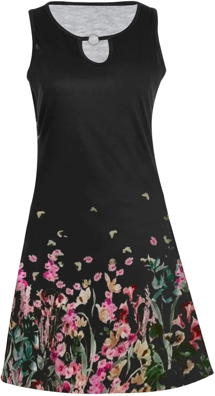 Womens 2024 Summer Dress Floral Print Crewneck Sleeveless Mini Dress Loose Casual Beach Vacation Sundress