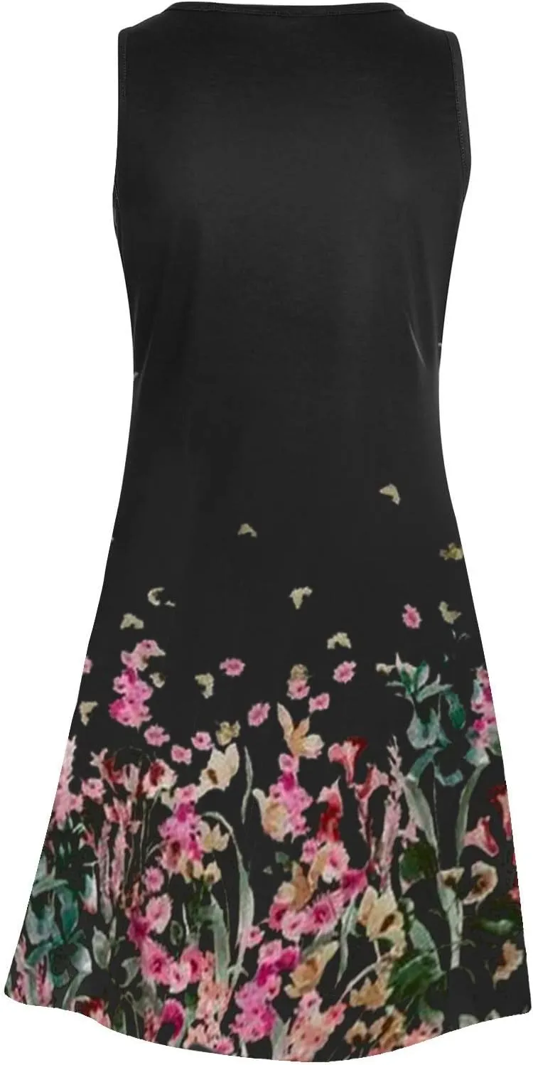 Womens 2024 Summer Dress Floral Print Crewneck Sleeveless Mini Dress Loose Casual Beach Vacation Sundress