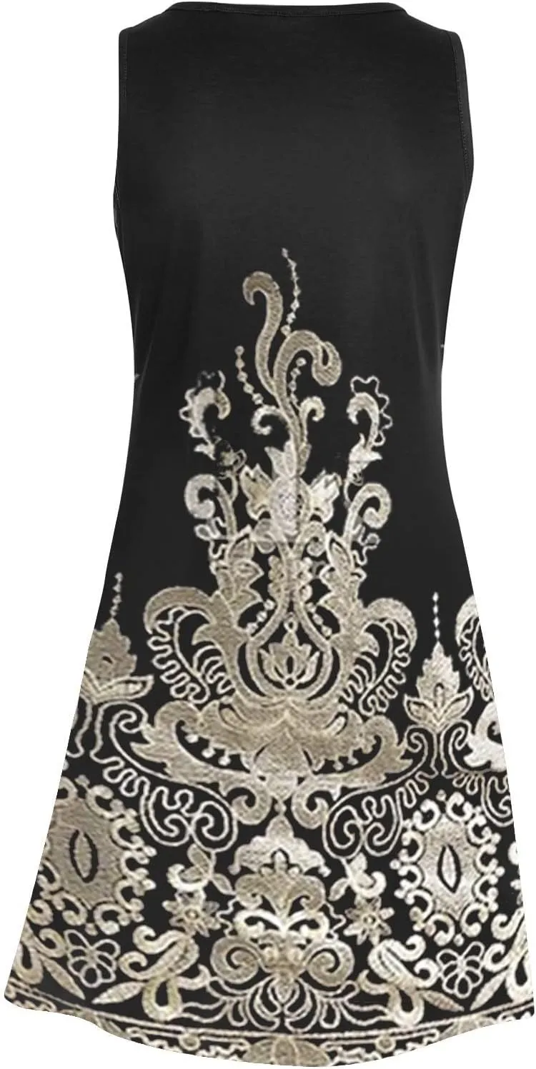 Womens 2024 Summer Dress Floral Print Crewneck Sleeveless Mini Dress Loose Casual Beach Vacation Sundress