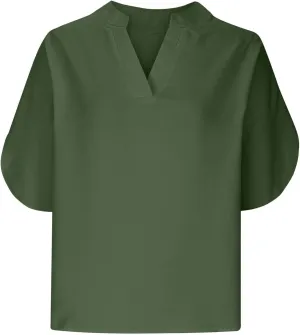 Womens 2024 Summer V Neck Ruffle Short Sleeve Blouses Plain Loose Fit Shirts Daily Going Out Date Cute Trendy Tops