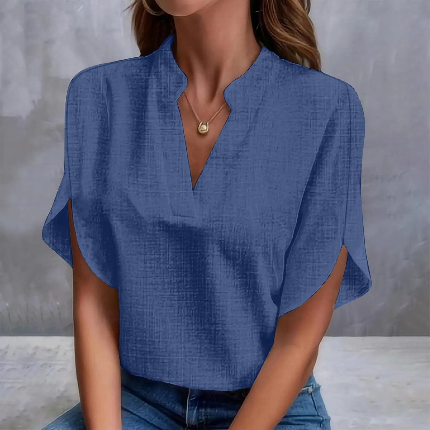 Womens 2024 Summer V Neck Ruffle Short Sleeve Blouses Plain Loose Fit Shirts Daily Going Out Date Cute Trendy Tops