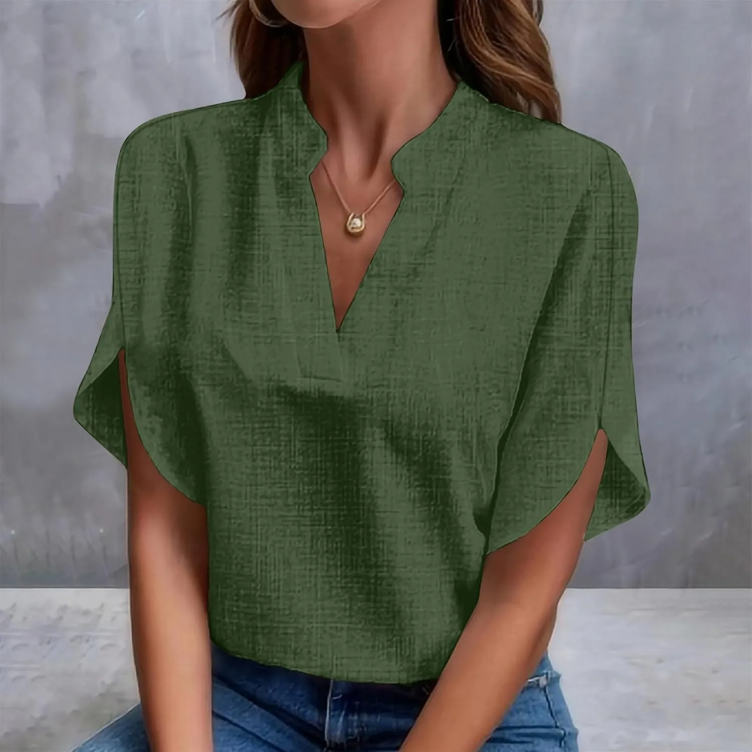 Womens 2024 Summer V Neck Ruffle Short Sleeve Blouses Plain Loose Fit Shirts Daily Going Out Date Cute Trendy Tops