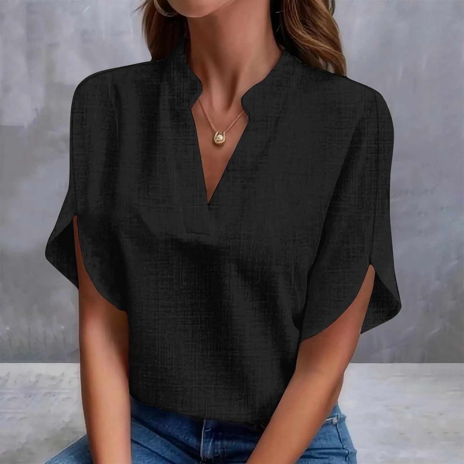 Womens 2024 Summer V Neck Ruffle Short Sleeve Blouses Plain Loose Fit Shirts Daily Going Out Date Cute Trendy Tops