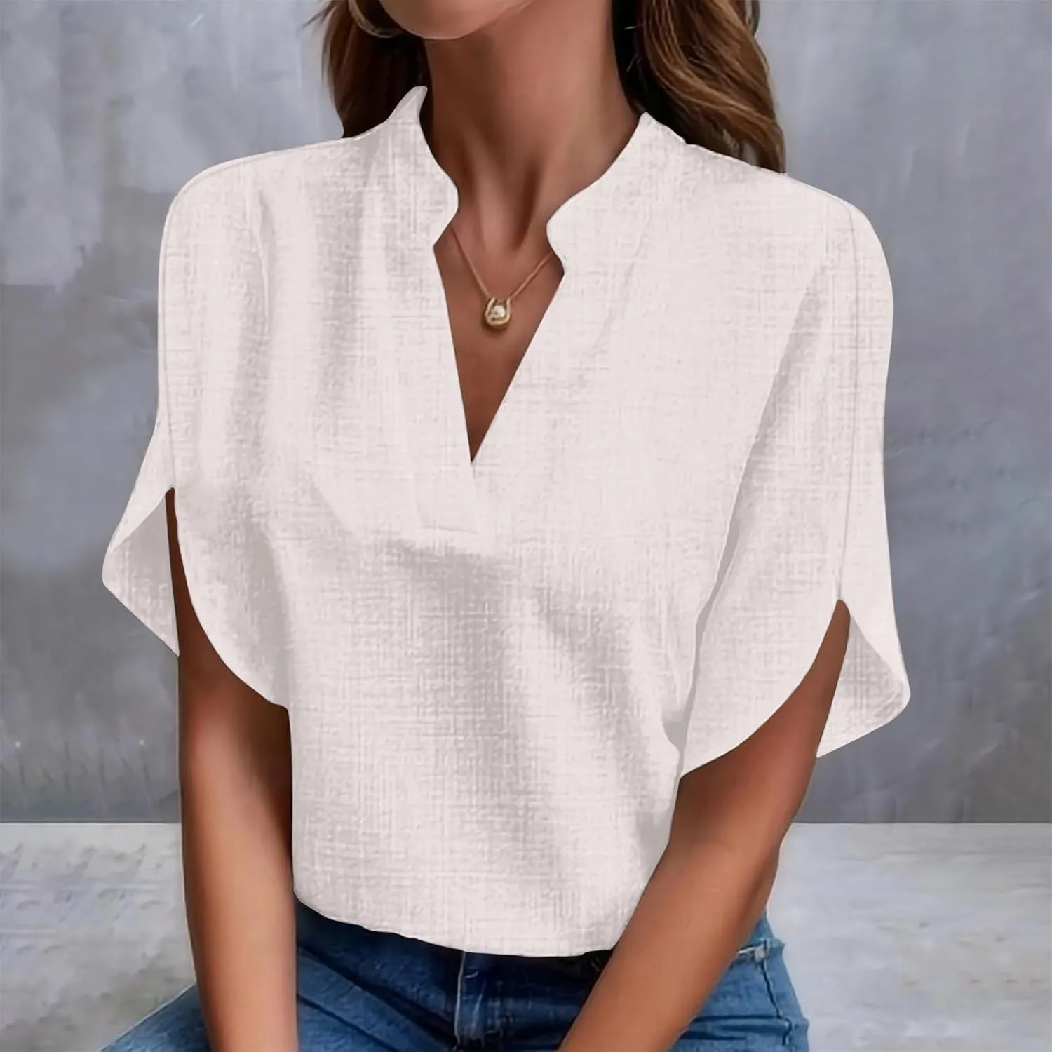 Womens 2024 Summer V Neck Ruffle Short Sleeve Blouses Plain Loose Fit Shirts Daily Going Out Date Cute Trendy Tops
