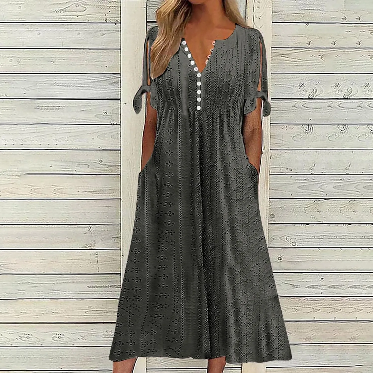 Women's A Line V Neck Dress Cut Out Short Sleeve Sundress Fashion Summer Casual Eyelet Breathable with Pocket