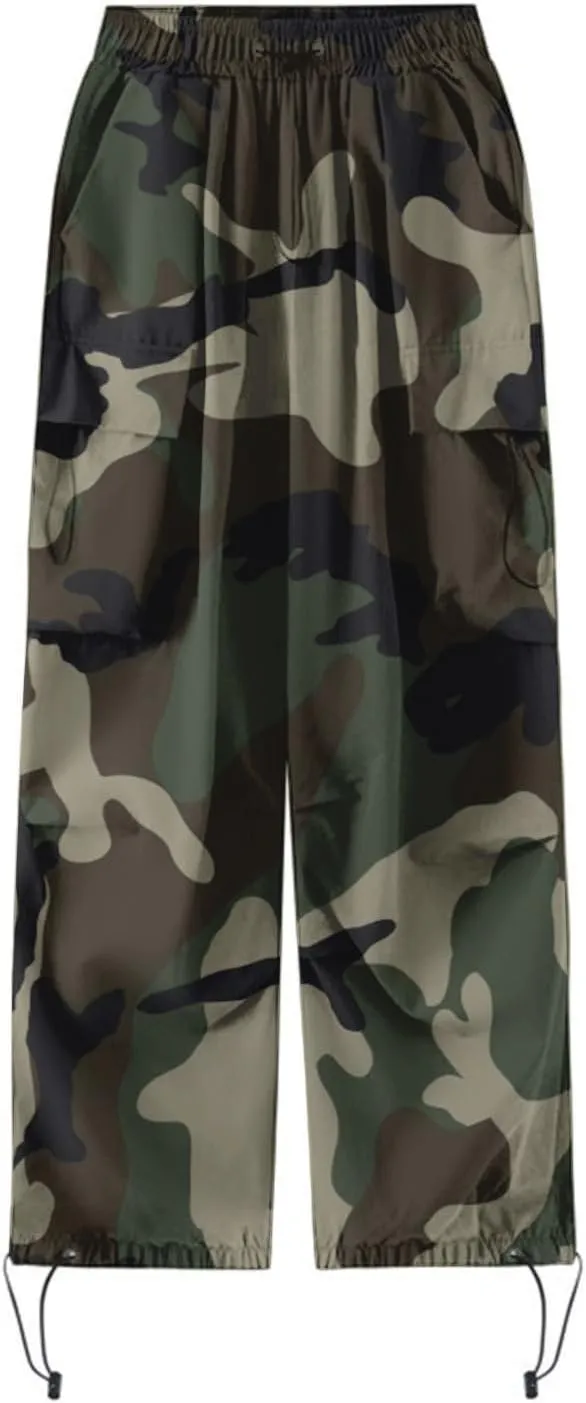 Women's Camo Cargo Pants High Waist Baggy Wide Leg Parachute Pant Drawstring Streetwear Hip Hop Trousers with Pockets