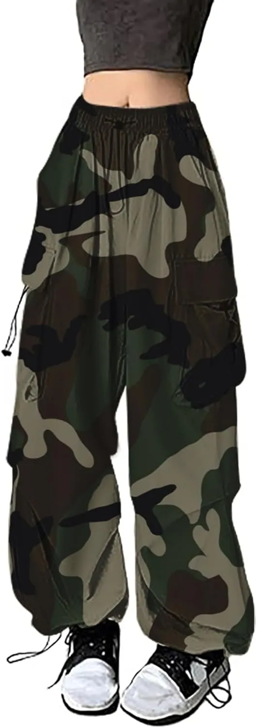 Women's Camo Cargo Pants High Waist Baggy Wide Leg Parachute Pant Drawstring Streetwear Hip Hop Trousers with Pockets