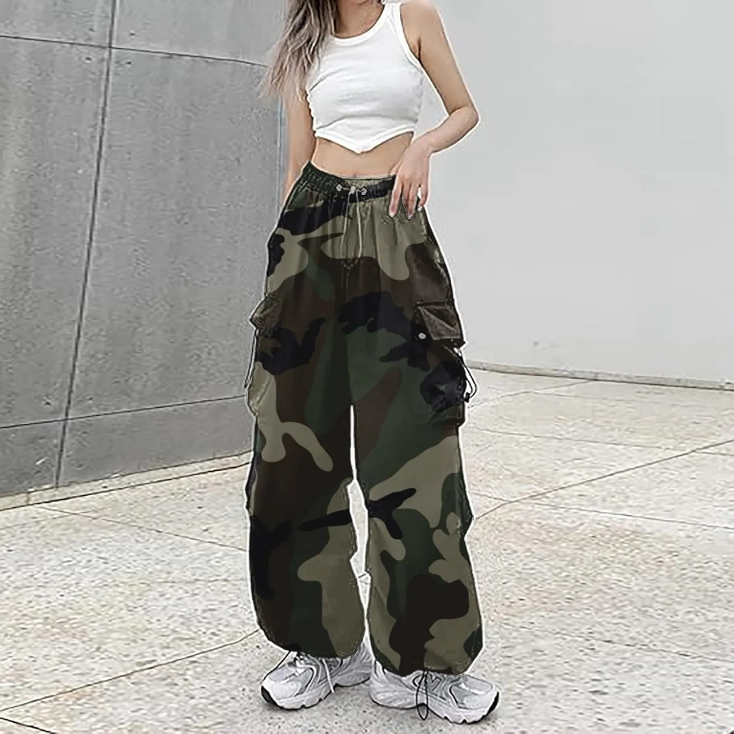 Women's Camo Cargo Pants High Waist Baggy Wide Leg Parachute Pant Drawstring Streetwear Hip Hop Trousers with Pockets
