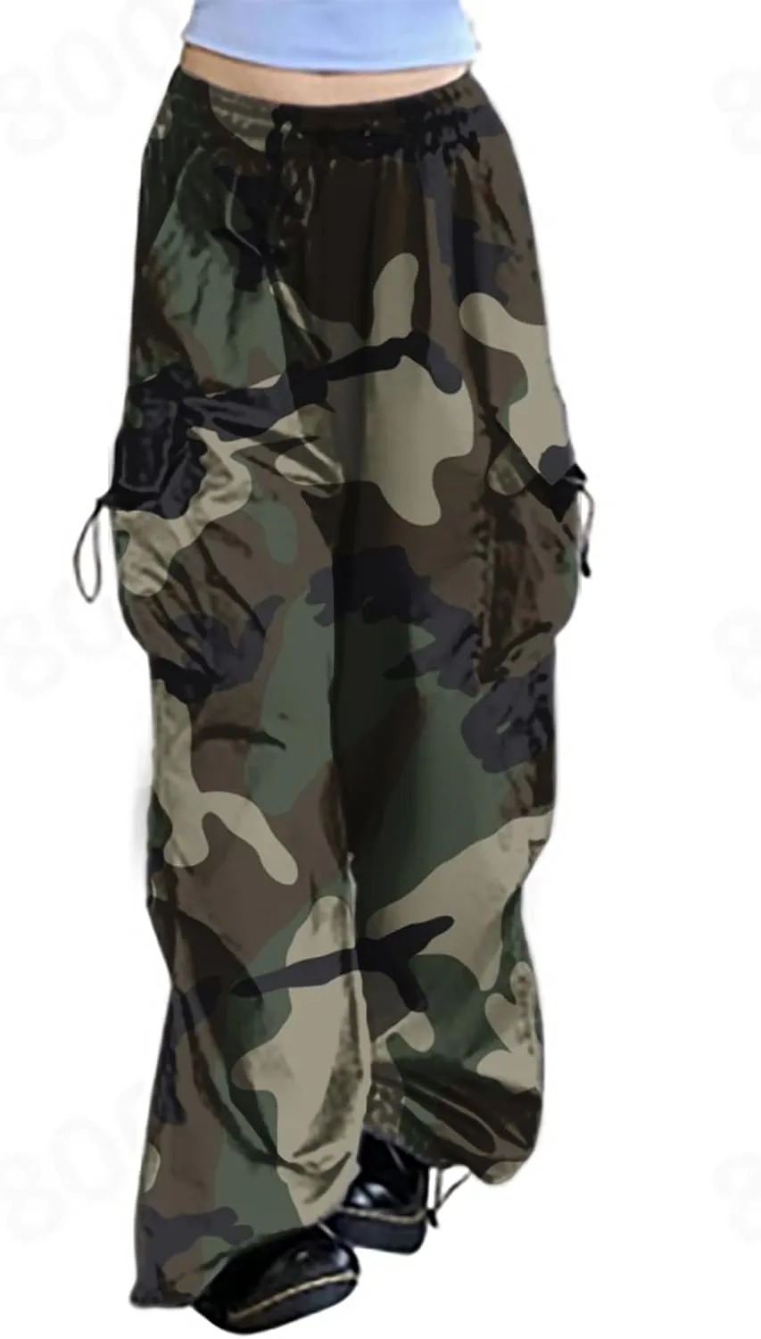 Women's Camo Cargo Pants High Waist Baggy Wide Leg Parachute Pant Drawstring Streetwear Hip Hop Trousers with Pockets