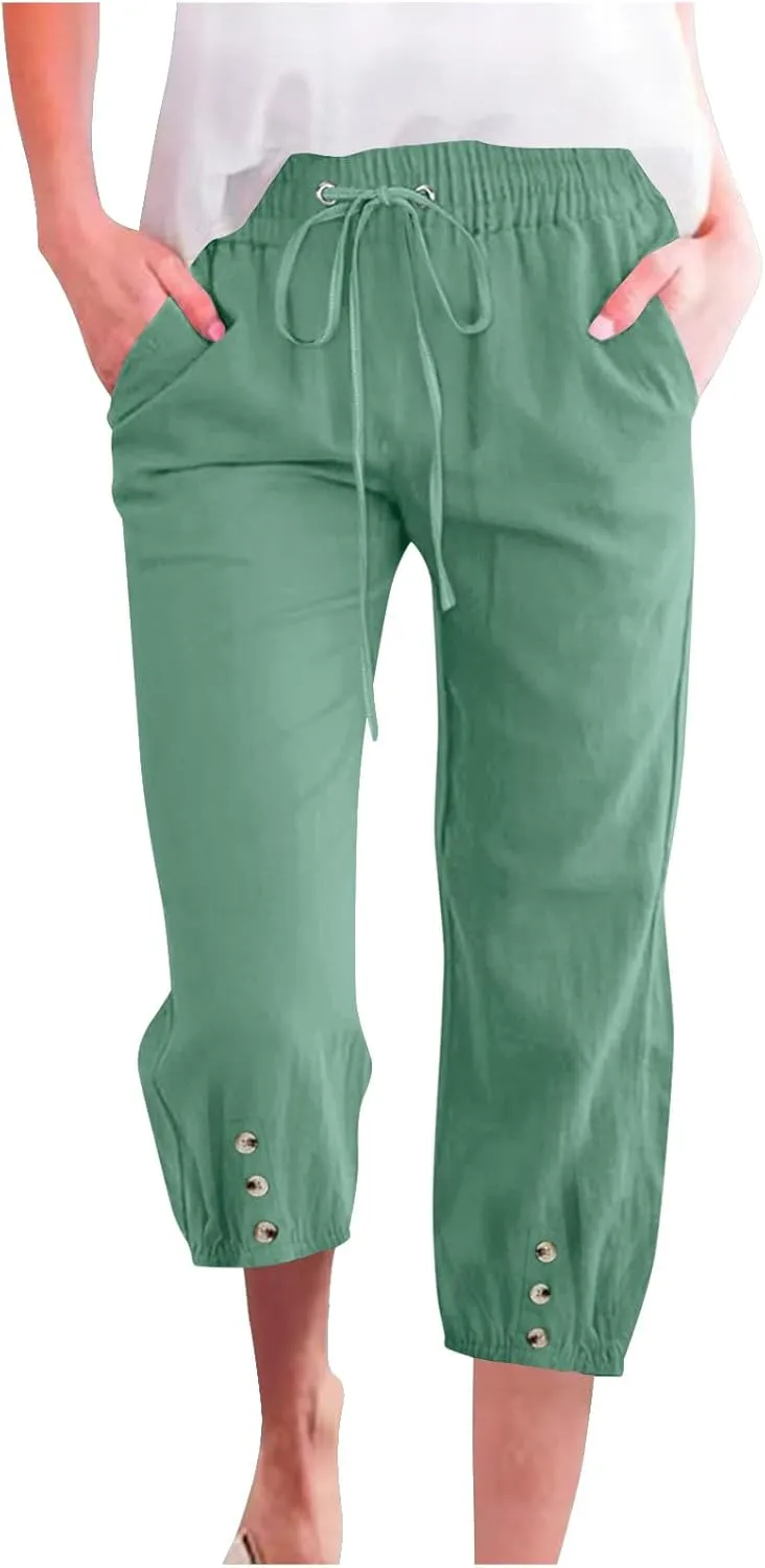 Women's Capri Pants Loose Fit Cotton Linen Pants Casual Drawstring Elastic Waist Capris Ruffle Hem Straight Leg Trousers