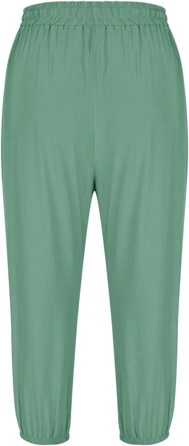 Women's Capri Pants Loose Fit Cotton Linen Pants Casual Drawstring Elastic Waist Capris Ruffle Hem Straight Leg Trousers