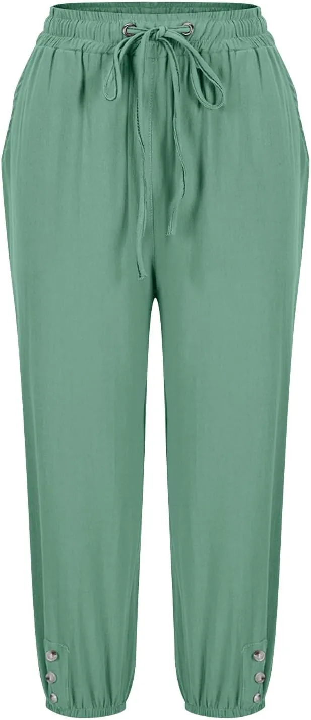Women's Capri Pants Loose Fit Cotton Linen Pants Casual Drawstring Elastic Waist Capris Ruffle Hem Straight Leg Trousers