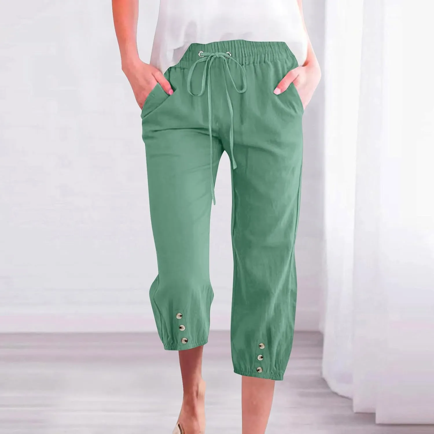 Women's Capri Pants Loose Fit Cotton Linen Pants Casual Drawstring Elastic Waist Capris Ruffle Hem Straight Leg Trousers