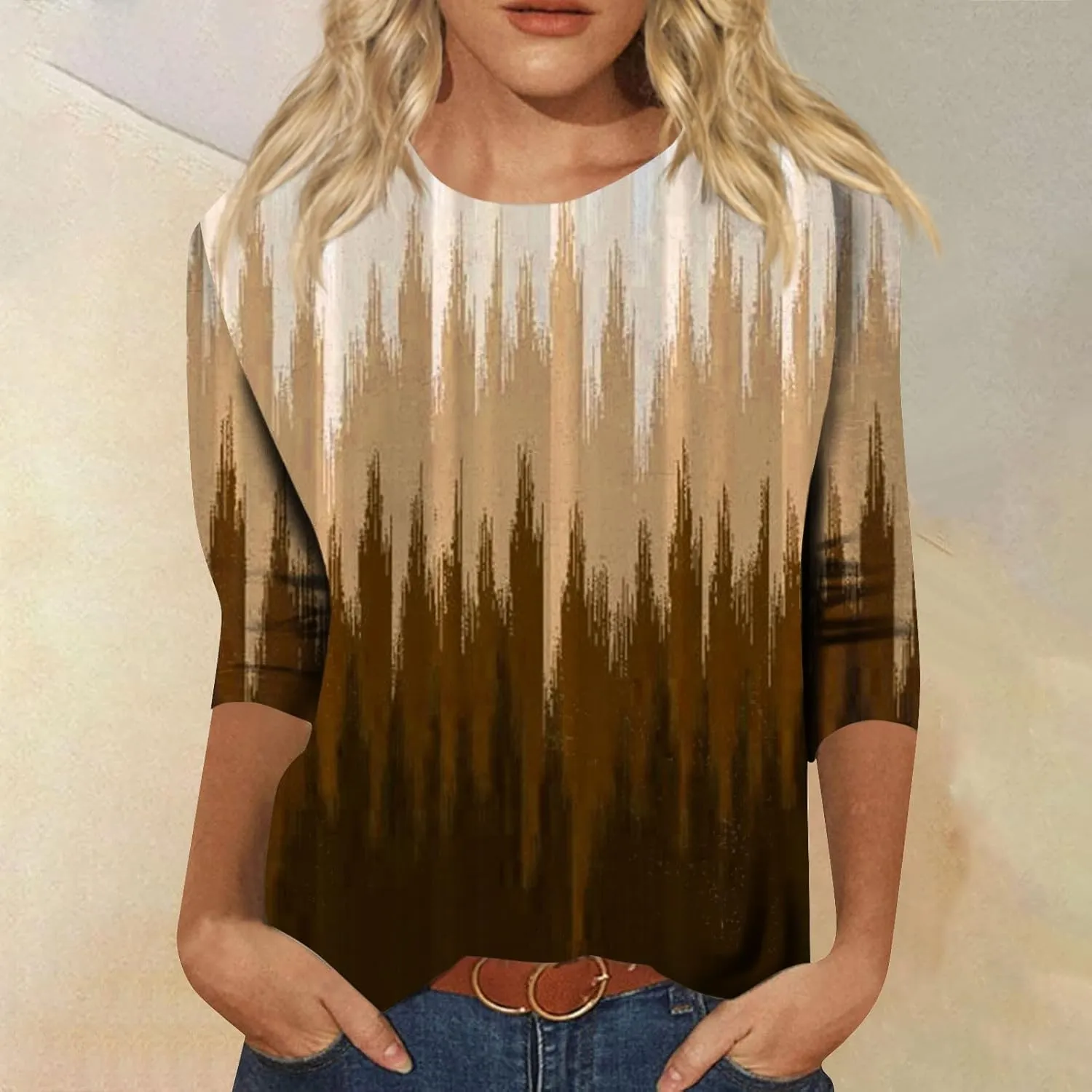 Women's Casual 3/4 Sleeve T-Shirts Round Neck Cute Tunic Tops Soft Y2k Streetwear Lightweight Painting Graphic Tees