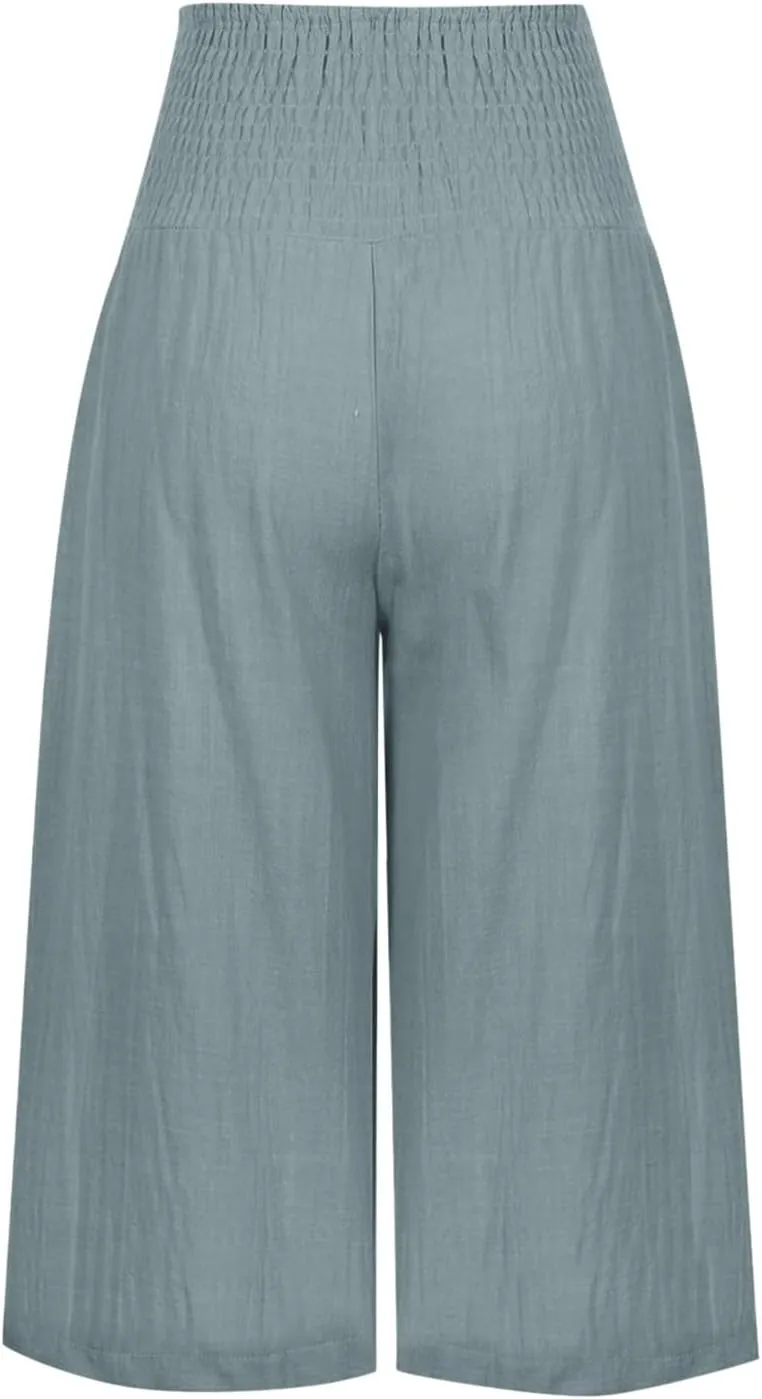 Womens Casual Cotton Linen Capri Pants Loose Smocked Waist Casual Trouser Wide Leg Summer Beach Comfy Cropped Pants