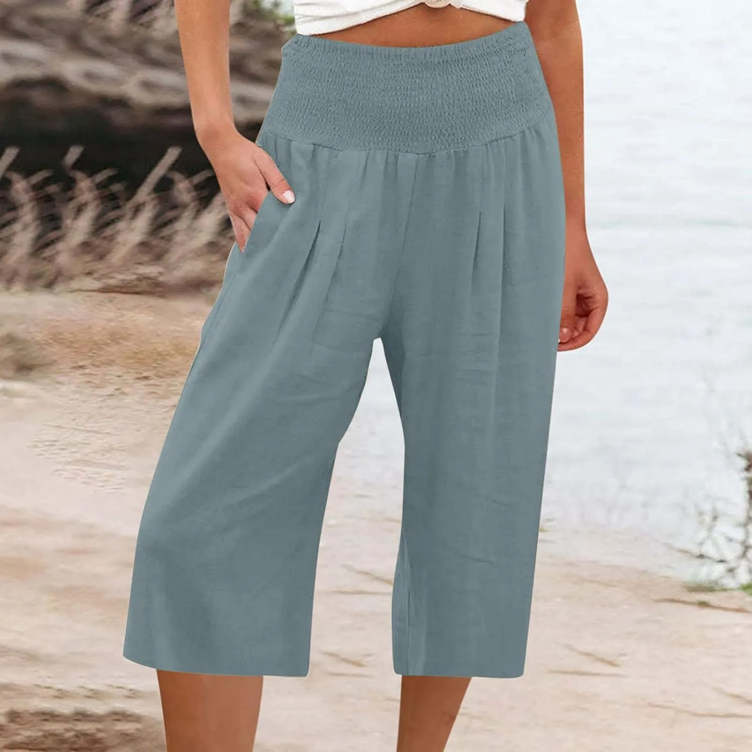 Womens Casual Cotton Linen Capri Pants Loose Smocked Waist Casual Trouser Wide Leg Summer Beach Comfy Cropped Pants