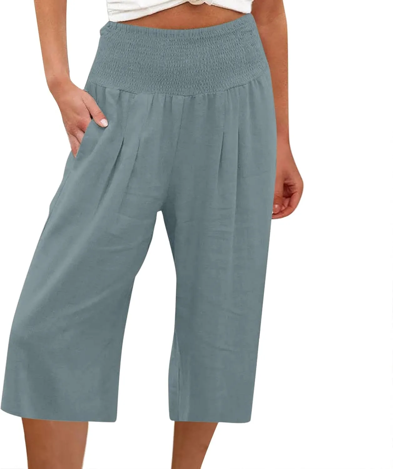 Womens Casual Cotton Linen Capri Pants Loose Smocked Waist Casual Trouser Wide Leg Summer Beach Comfy Cropped Pants
