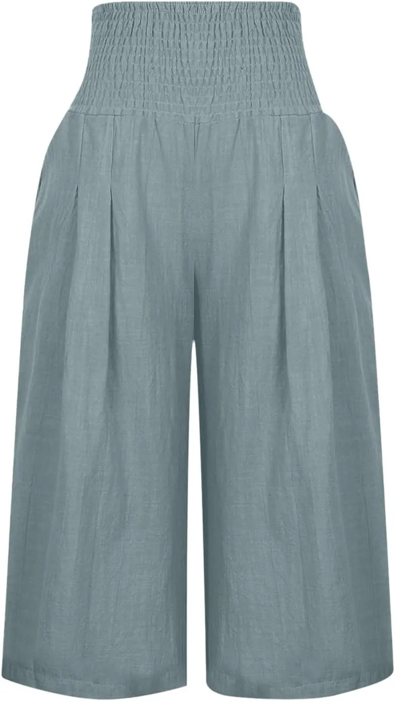 Womens Casual Cotton Linen Capri Pants Loose Smocked Waist Casual Trouser Wide Leg Summer Beach Comfy Cropped Pants