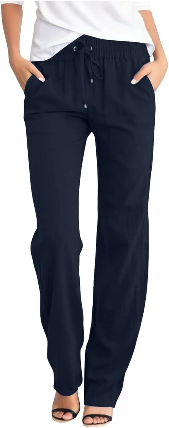 Womens Casual Cotton Linen Pants Lightweight Summer Relax Fit Elastic Waist Plus Size Solid Long Trousers