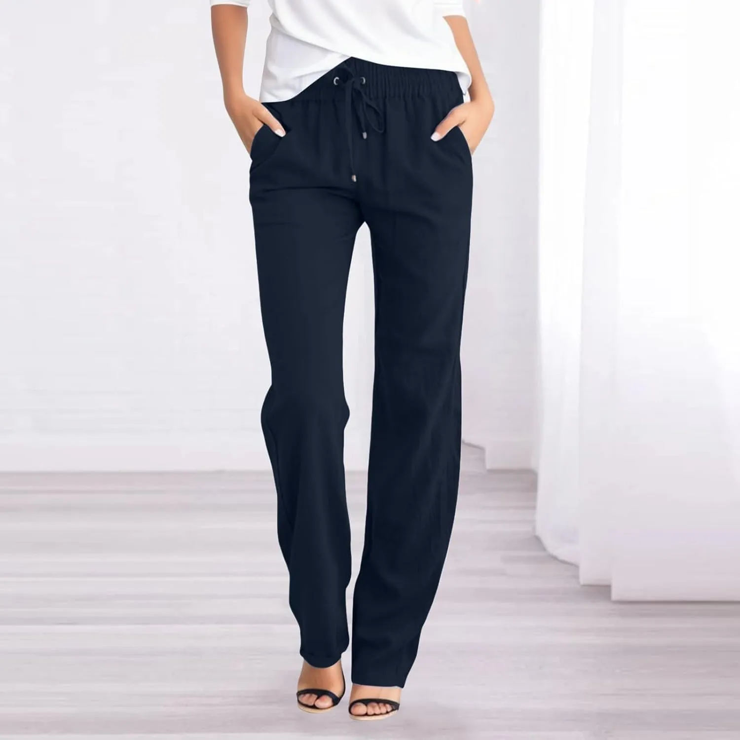 Womens Casual Cotton Linen Pants Lightweight Summer Relax Fit Elastic Waist Plus Size Solid Long Trousers