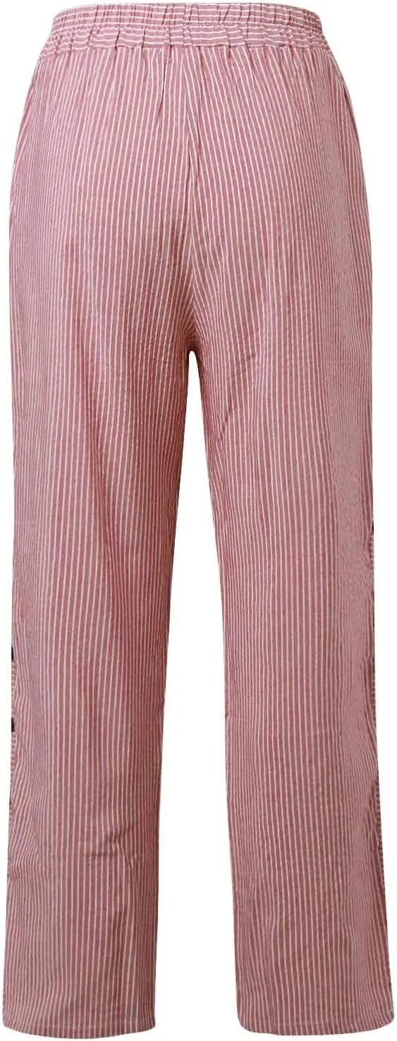 Womens Casual Pants Side Button Lightweight Drawstring Elastic Waist Pants Straight Leg Baggy Trousers with Pockets
