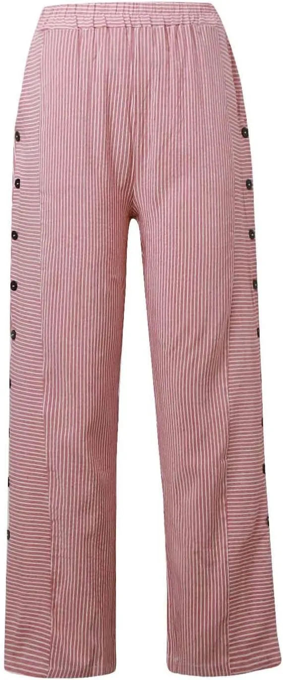 Womens Casual Pants Side Button Lightweight Drawstring Elastic Waist Pants Straight Leg Baggy Trousers with Pockets