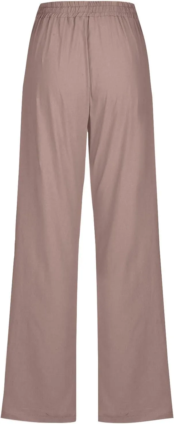 Womens Cotton Linen High Waisted Pants Drawstring Casual Loose Fit Summer Pants Comfy Trousers with Side Pockets