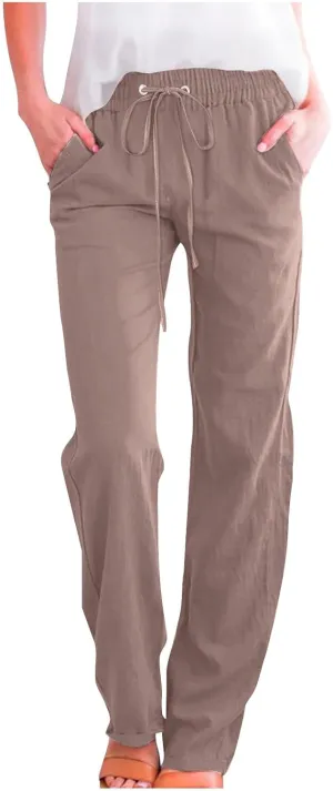 Womens Cotton Linen High Waisted Pants Drawstring Casual Loose Fit Summer Pants Comfy Trousers with Side Pockets