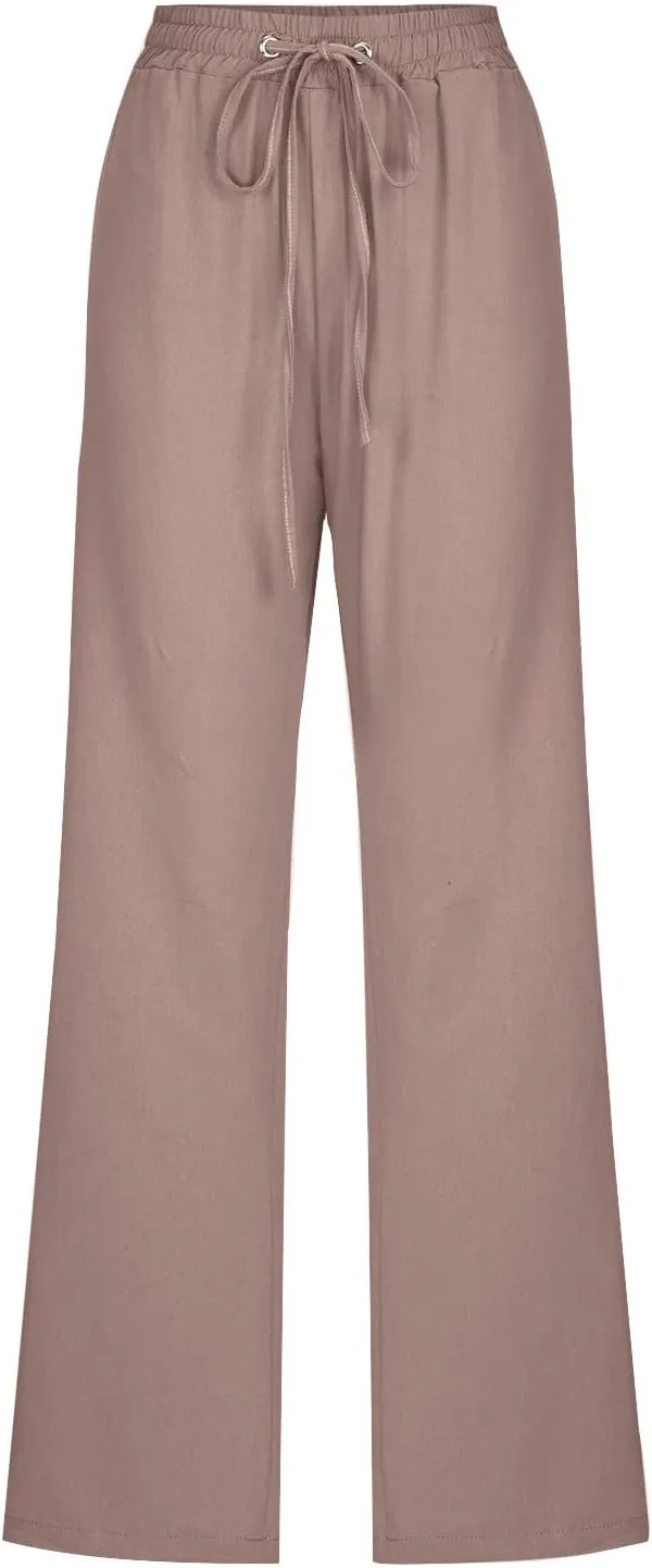 Womens Cotton Linen High Waisted Pants Drawstring Casual Loose Fit Summer Pants Comfy Trousers with Side Pockets