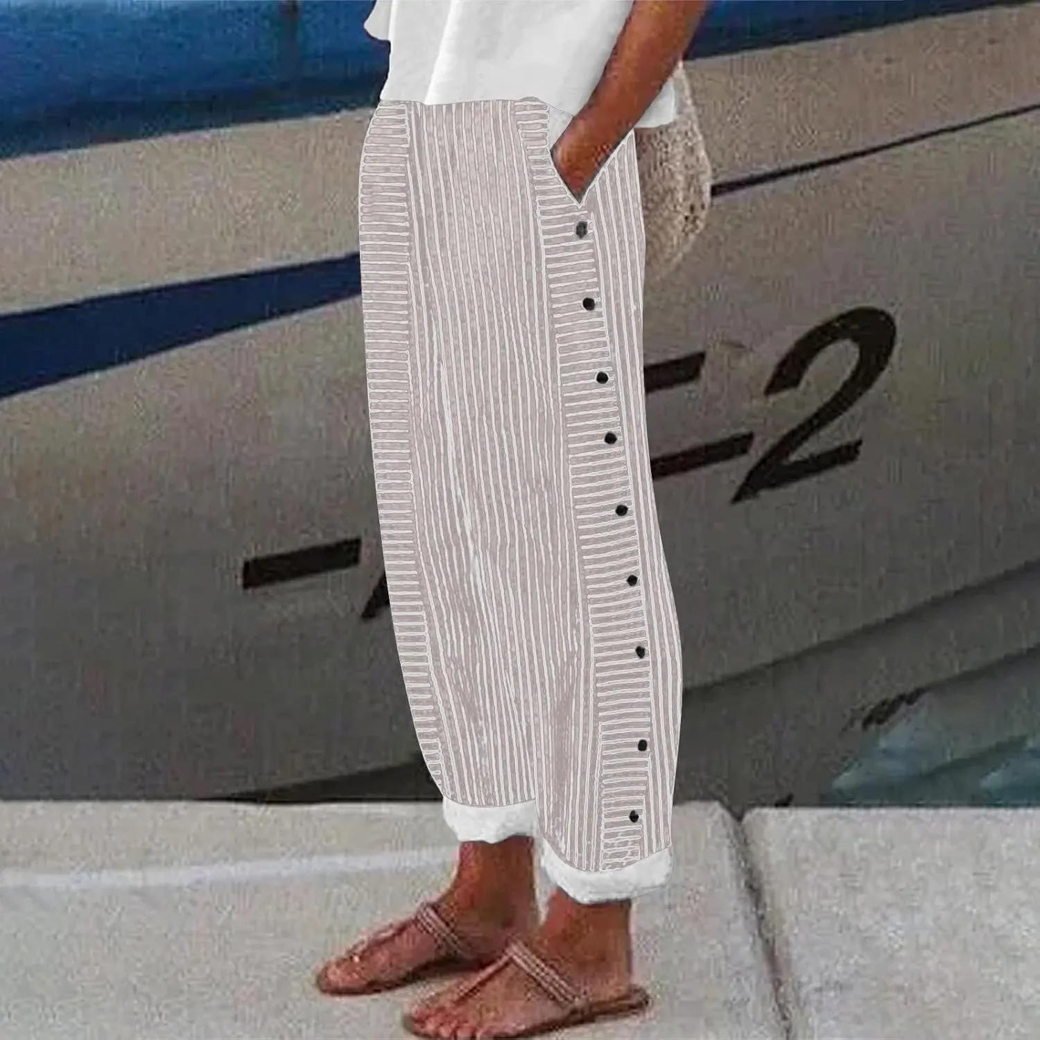 Women's Cotton Linen Pants Lightweight Quick Dry Palazzo Pants Casual Elastic Waist Lounge Crop Pants Trousers Pocket