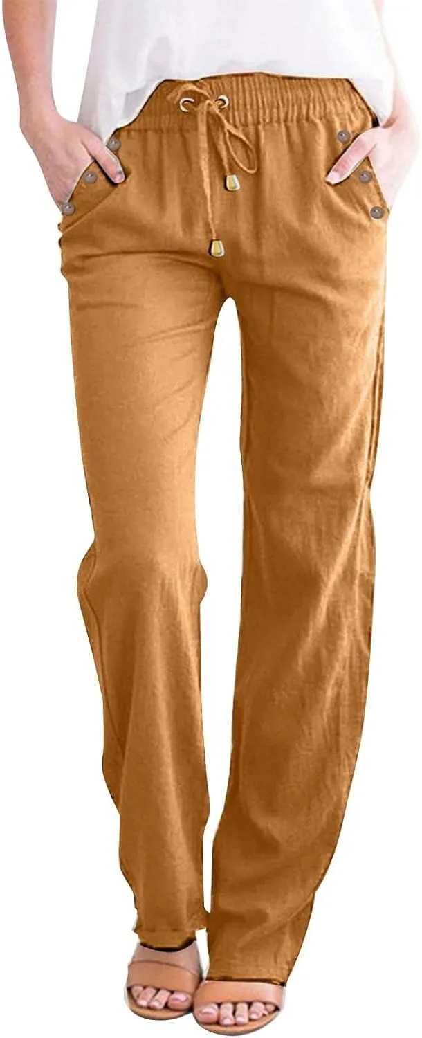 Women's Cotton Linen Pants Summer Casual Lightweight Baggy Pants Drawstring Waist Button Up Pocket Beach Lounge Pant