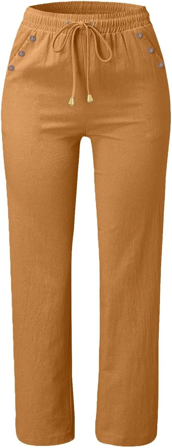Women's Cotton Linen Pants Summer Casual Lightweight Baggy Pants Drawstring Waist Button Up Pocket Beach Lounge Pant