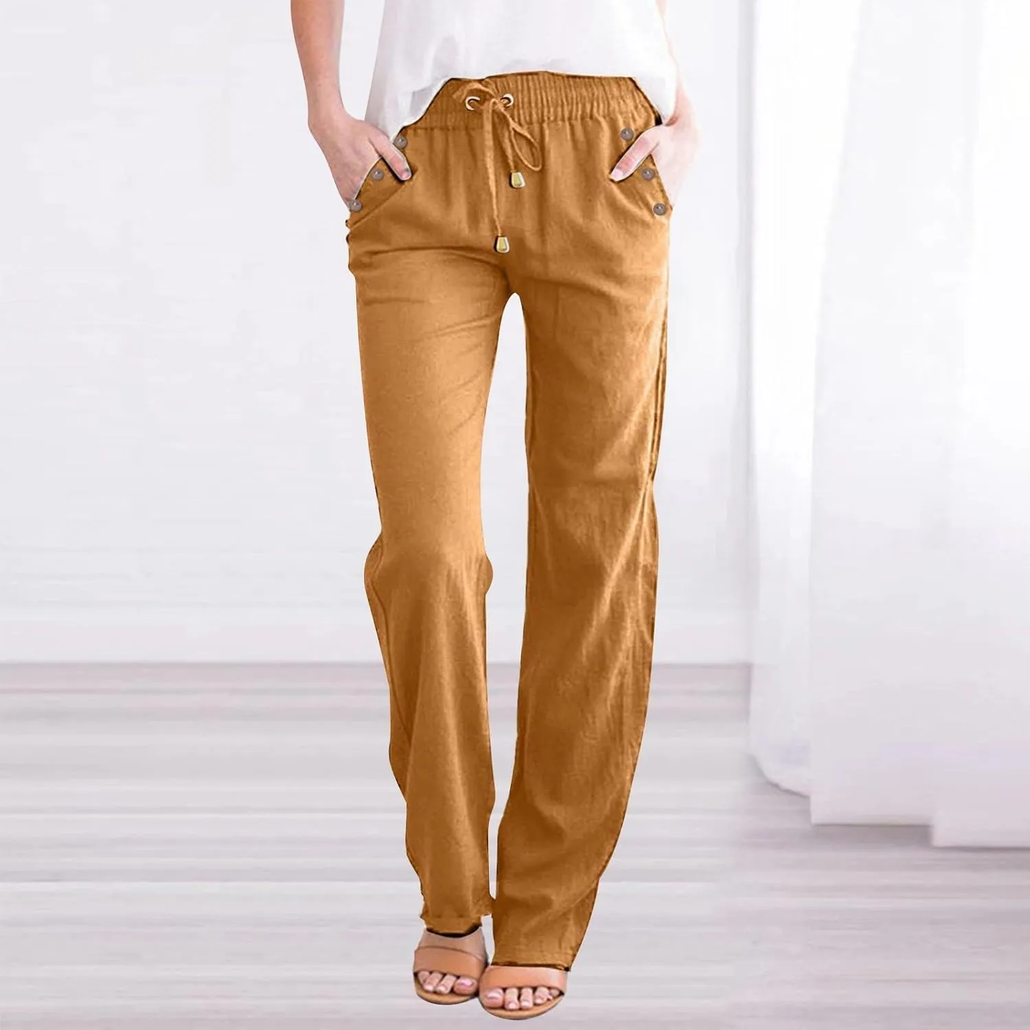 Women's Cotton Linen Pants Summer Casual Lightweight Baggy Pants Drawstring Waist Button Up Pocket Beach Lounge Pant