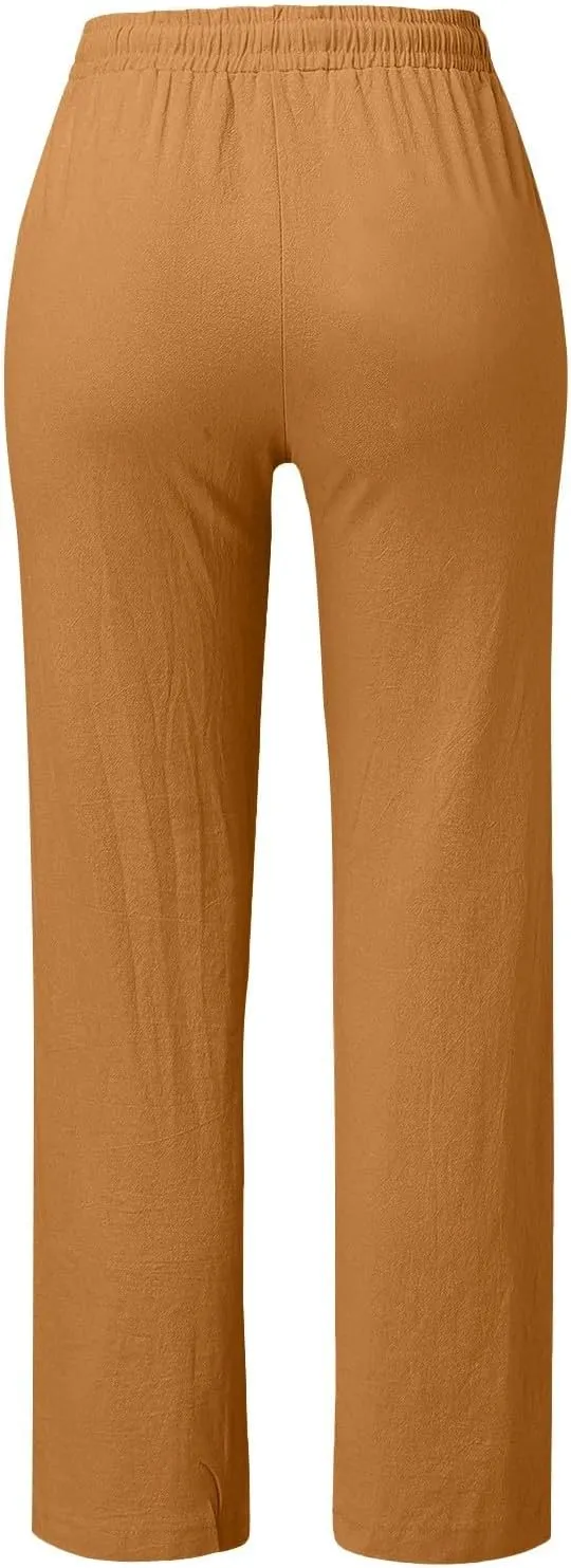 Women's Cotton Linen Pants Summer Casual Lightweight Baggy Pants Drawstring Waist Button Up Pocket Beach Lounge Pant