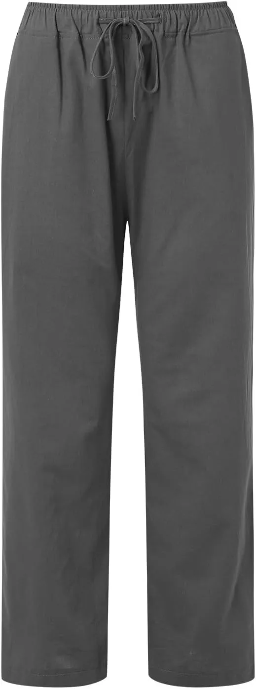 Women's Cotton Linen Summer Pants Drawstring Elastic High Waisted Casual Loose Lightweight Stretch Wide Leg Trousers