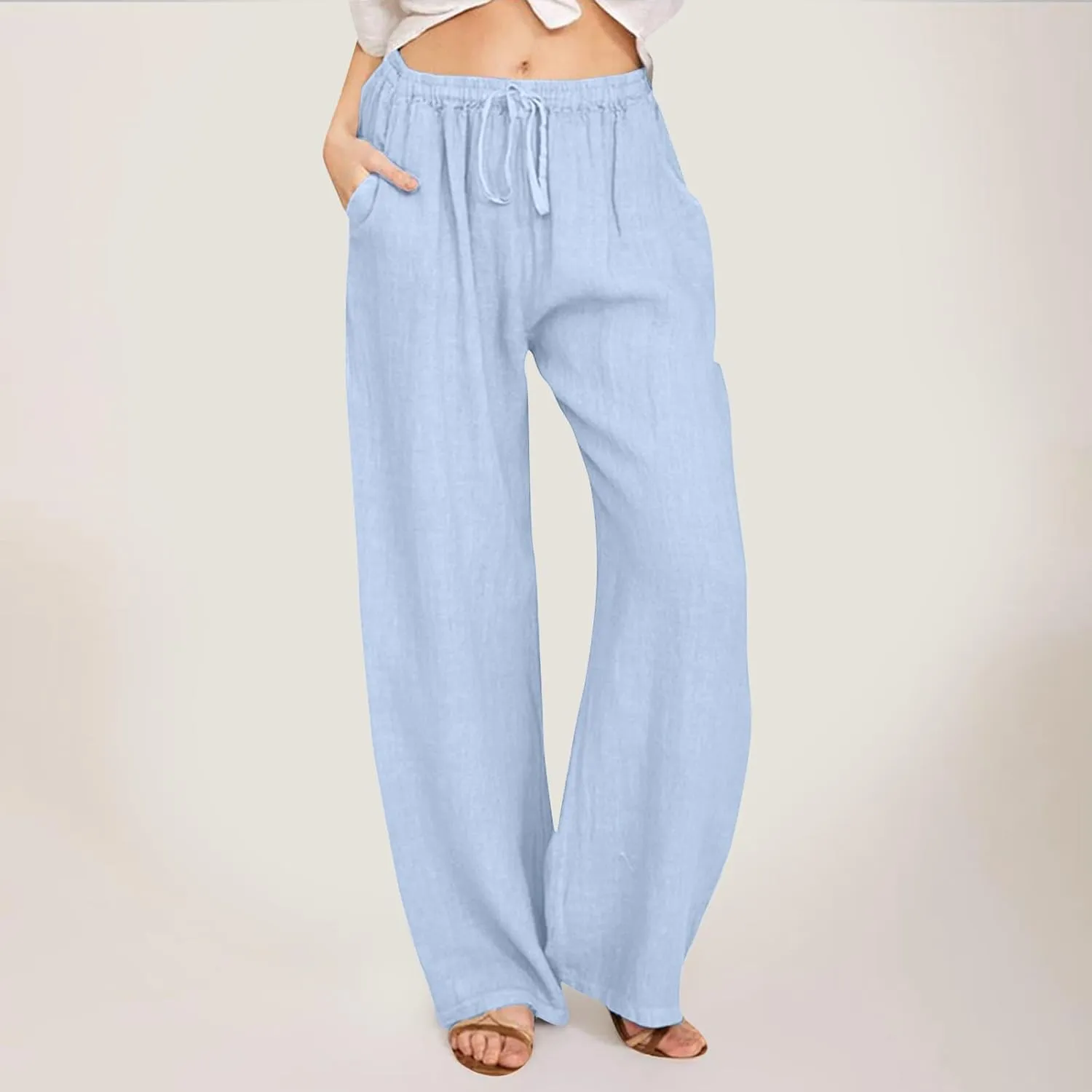 Women's Cotton Linen Summer Pants Drawstring Elastic High Waisted Casual Loose Lightweight Stretch Wide Leg Trousers