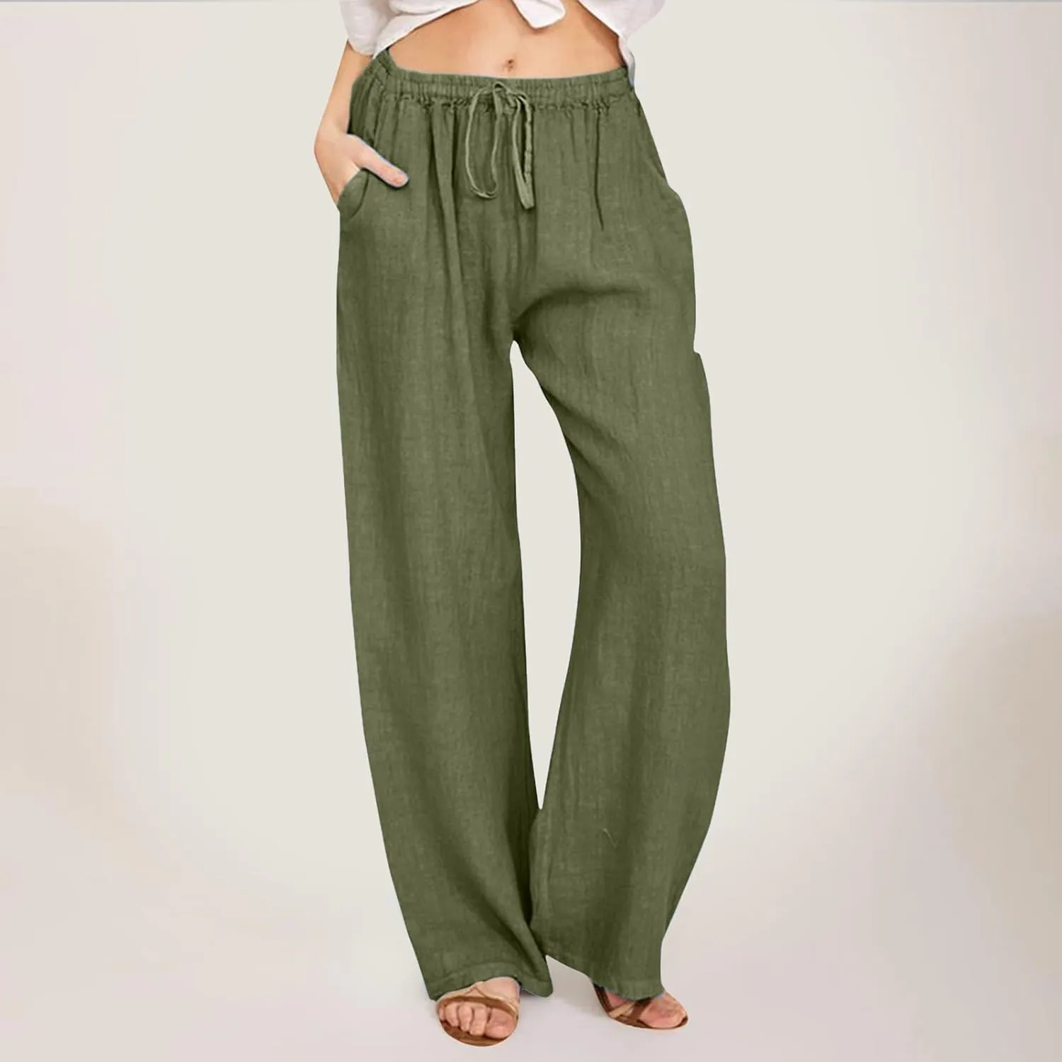 Women's Cotton Linen Summer Pants Drawstring Elastic High Waisted Casual Loose Lightweight Stretch Wide Leg Trousers