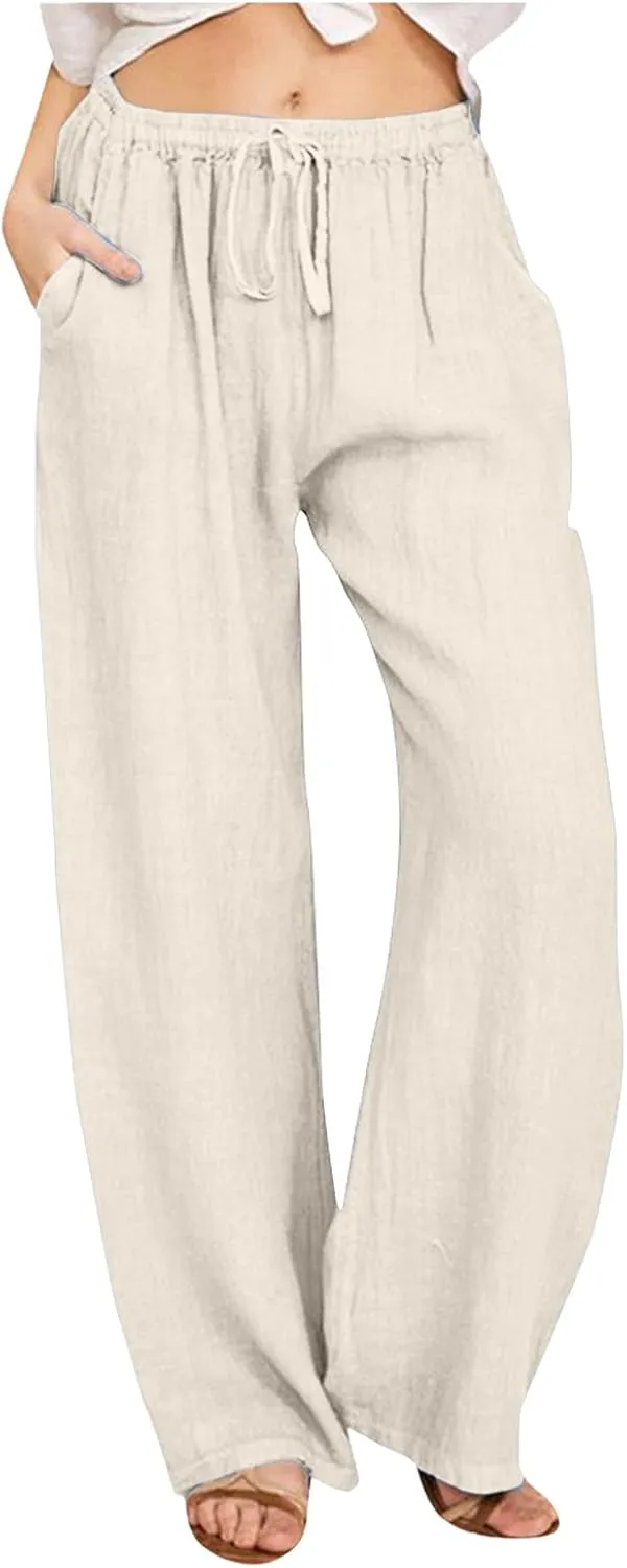 Women's Cotton Linen Summer Pants Drawstring Elastic High Waisted Casual Loose Lightweight Stretch Wide Leg Trousers