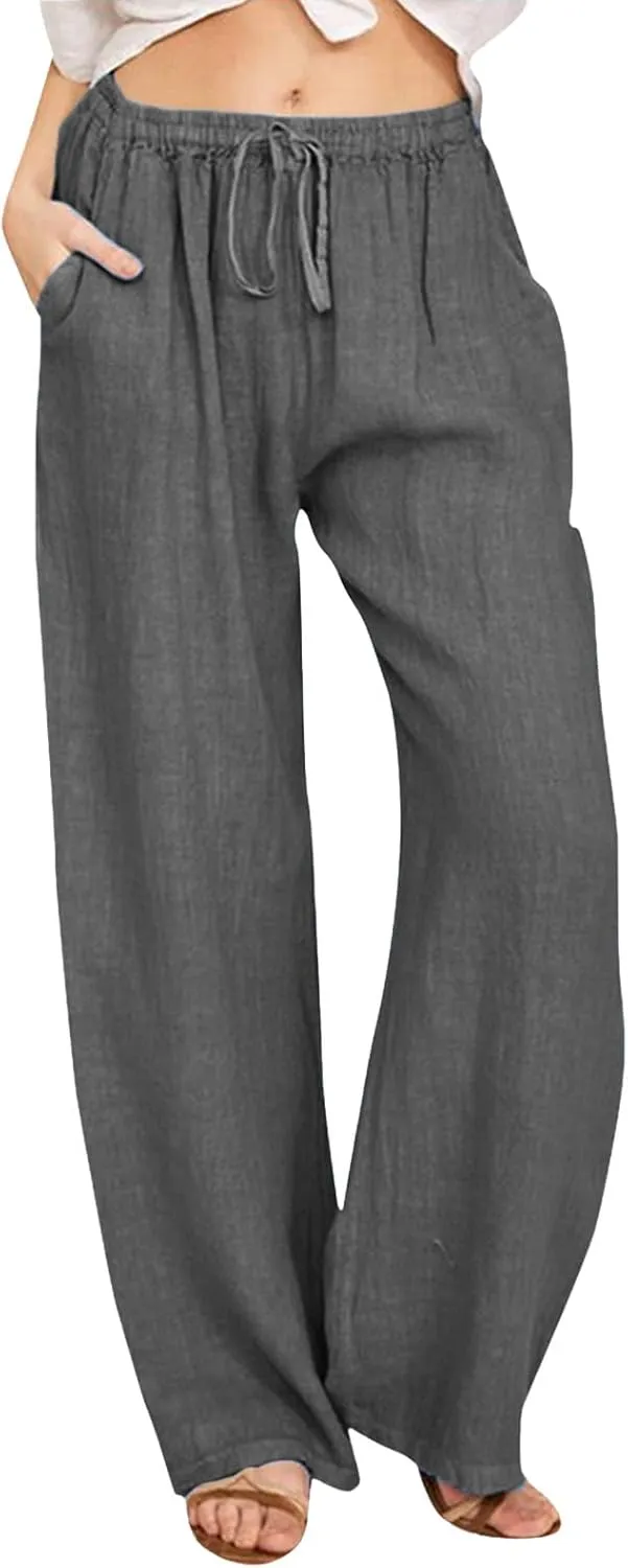 Women's Cotton Linen Summer Pants Drawstring Elastic High Waisted Casual Loose Lightweight Stretch Wide Leg Trousers