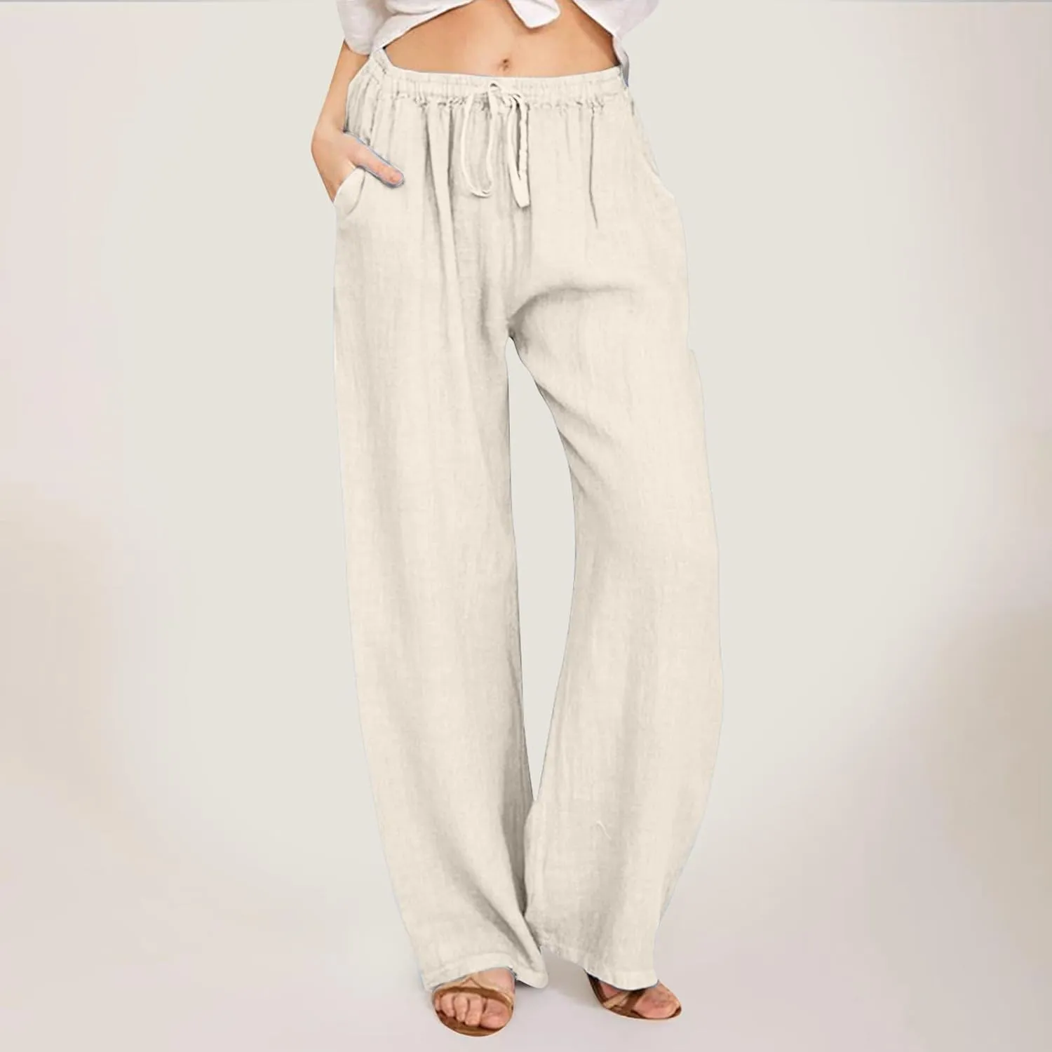 Women's Cotton Linen Summer Pants Drawstring Elastic High Waisted Casual Loose Lightweight Stretch Wide Leg Trousers