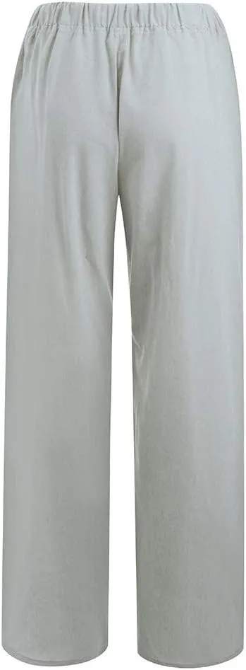 Women's Cotton Linen Summer Pants Drawstring Elastic High Waisted Casual Loose Lightweight Stretch Wide Leg Trousers