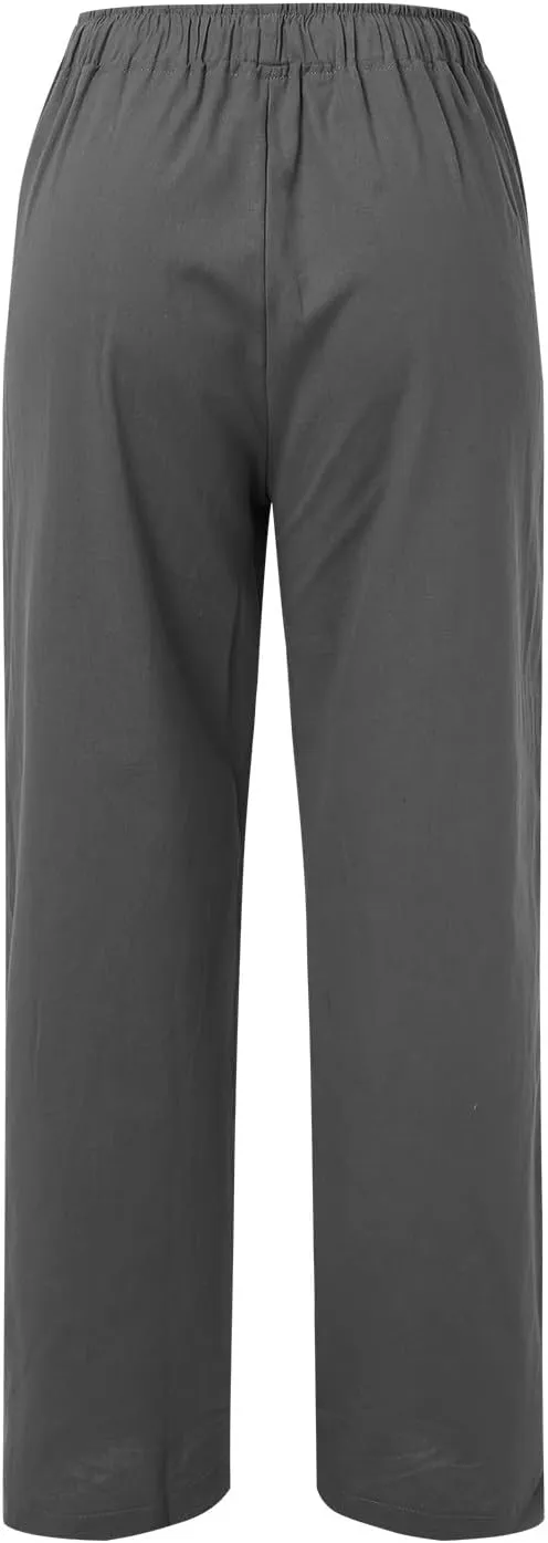 Women's Cotton Linen Summer Pants Drawstring Elastic High Waisted Casual Loose Lightweight Stretch Wide Leg Trousers
