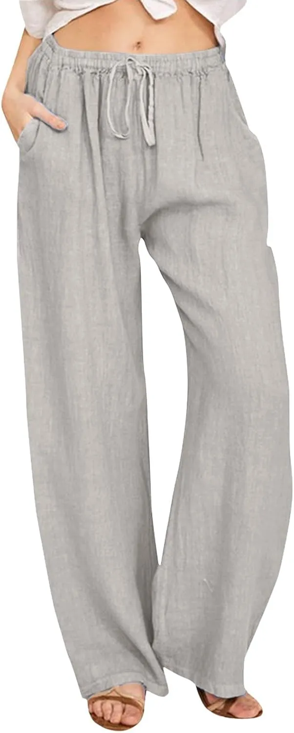 Women's Cotton Linen Summer Pants Drawstring Elastic High Waisted Casual Loose Lightweight Stretch Wide Leg Trousers