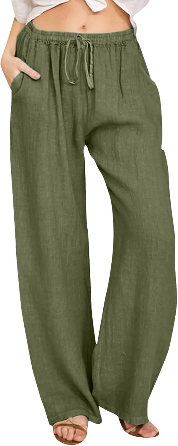 Women's Cotton Linen Summer Pants Drawstring Elastic High Waisted Casual Loose Lightweight Stretch Wide Leg Trousers