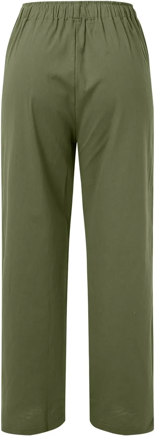 Women's Cotton Linen Summer Pants Drawstring Elastic High Waisted Casual Loose Lightweight Stretch Wide Leg Trousers