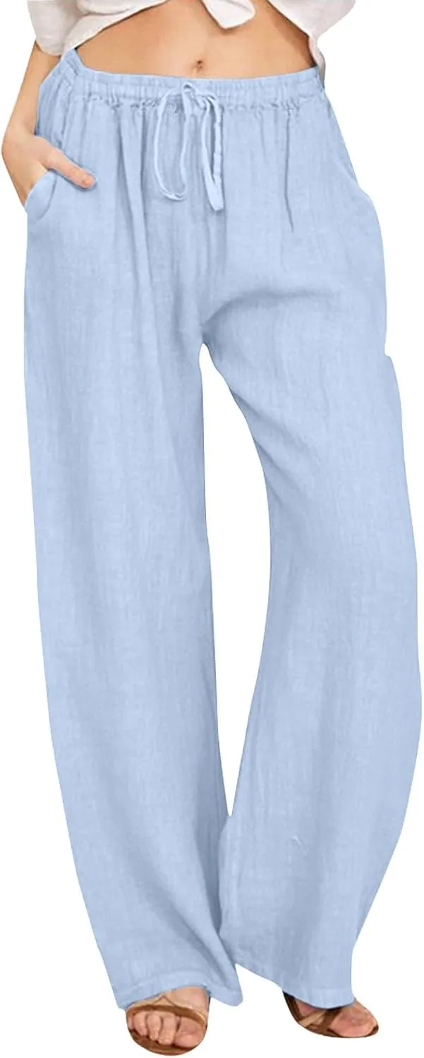 Women's Cotton Linen Summer Pants Drawstring Elastic High Waisted Casual Loose Lightweight Stretch Wide Leg Trousers