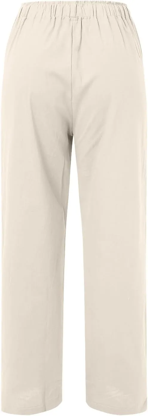 Women's Cotton Linen Summer Pants Drawstring Elastic High Waisted Casual Loose Lightweight Stretch Wide Leg Trousers