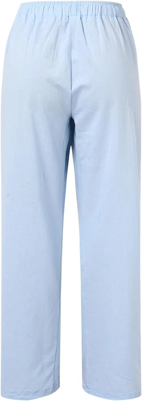 Women's Cotton Linen Summer Pants Drawstring Elastic High Waisted Casual Loose Lightweight Stretch Wide Leg Trousers