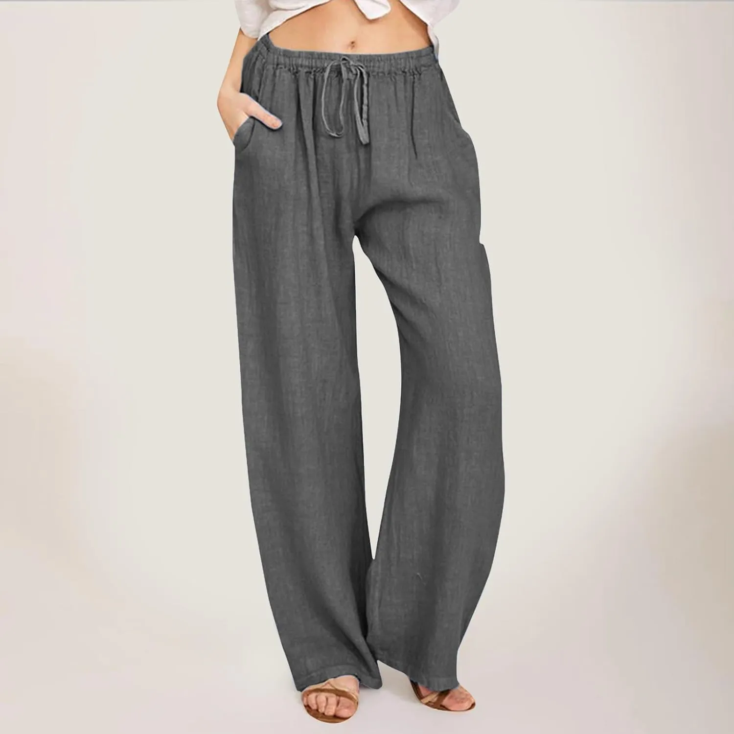Women's Cotton Linen Summer Pants Drawstring Elastic High Waisted Casual Loose Lightweight Stretch Wide Leg Trousers